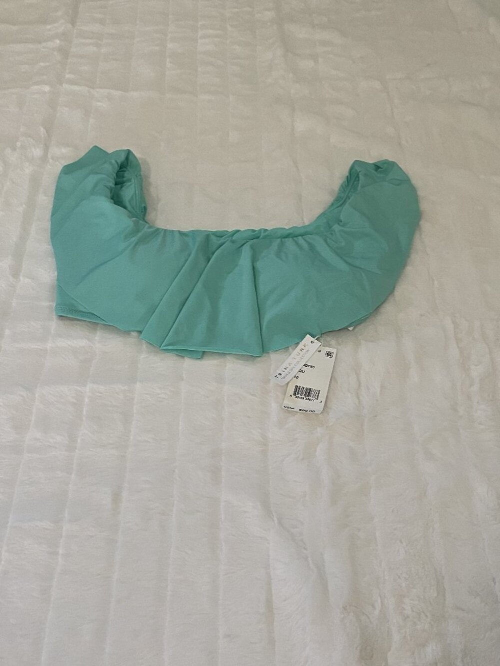 Trina Turk GETAWAY OFF THE SHOULDER RUFFLE BANDEAU Sz 10 Teal